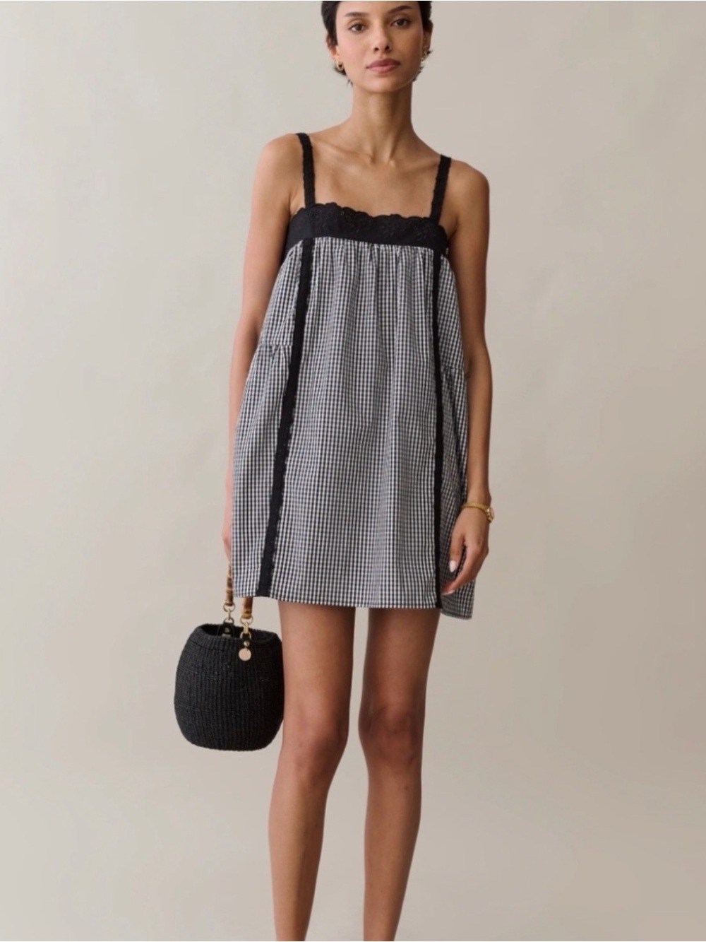 Black Gingham Lace-Trim Mini Dress